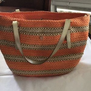 Eric Javits Squishee Jav orange & gold woven tote bag.